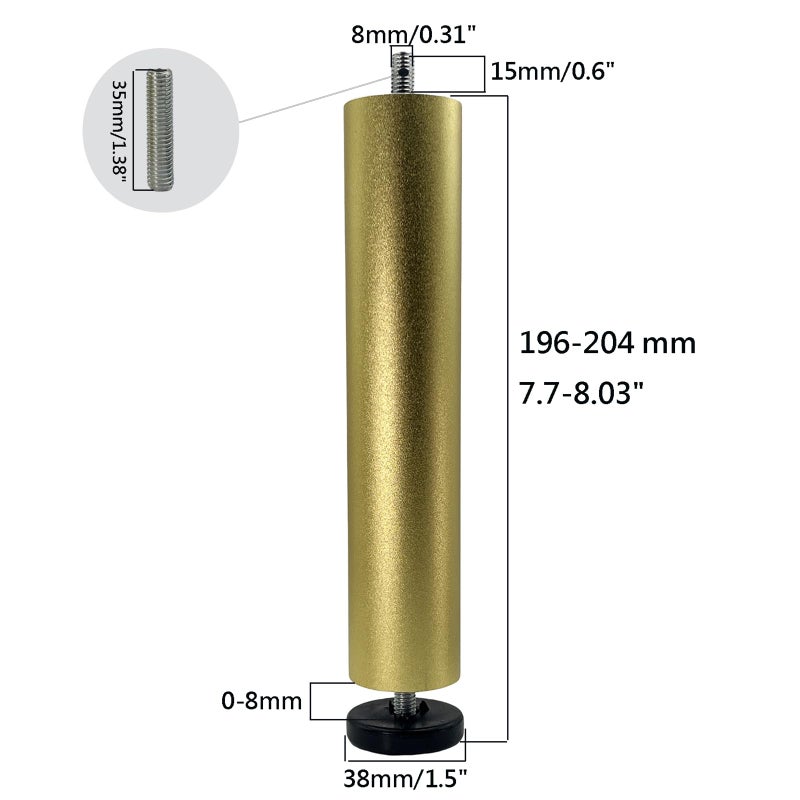 Yuqim 4 Pack Adjustable Furniture Legs Replacement M8 Thread Metal Furniture Legs 8 Inch Couch Legs Replacement Legs for Bed, Sofa, Cabinet(Gold, 7.7-8.03 Inch) - Image 3